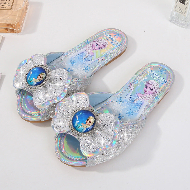 Girl Glittering Slippers with Flower Application Mune Fashion