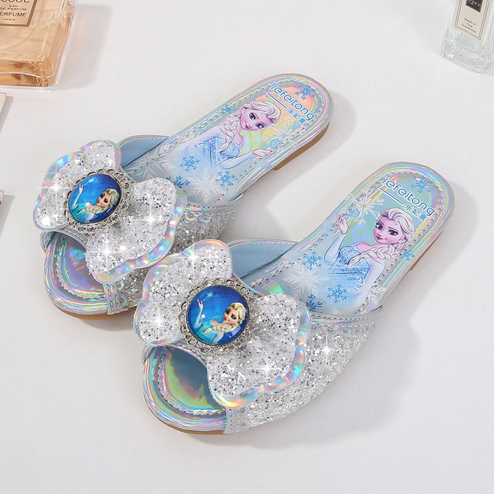 Girl Glittering Slippers with Flower Application Mune Fashion