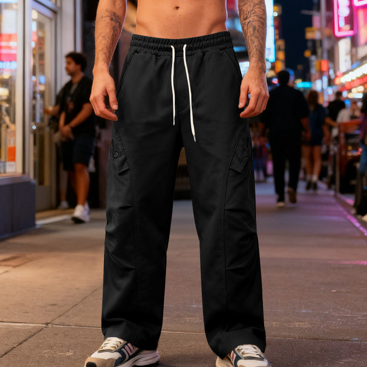 Men's wide cargo street pants with elastic drawstring waistband and functional flap pockets Mune Fashion