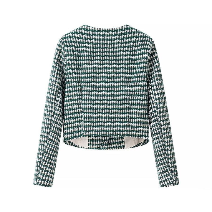Women Tailored Boucle Short Blazer with Houndstooth Pattern and Decorative Buttons Mune Fashion