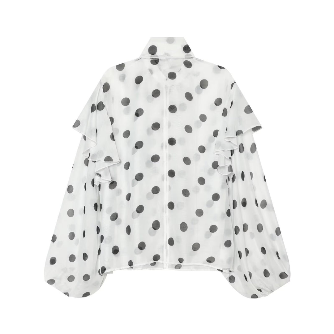 Women's Lightweight Chiffon Blouse with Ruffles, Bow Collar and Polka Dot Print Drune