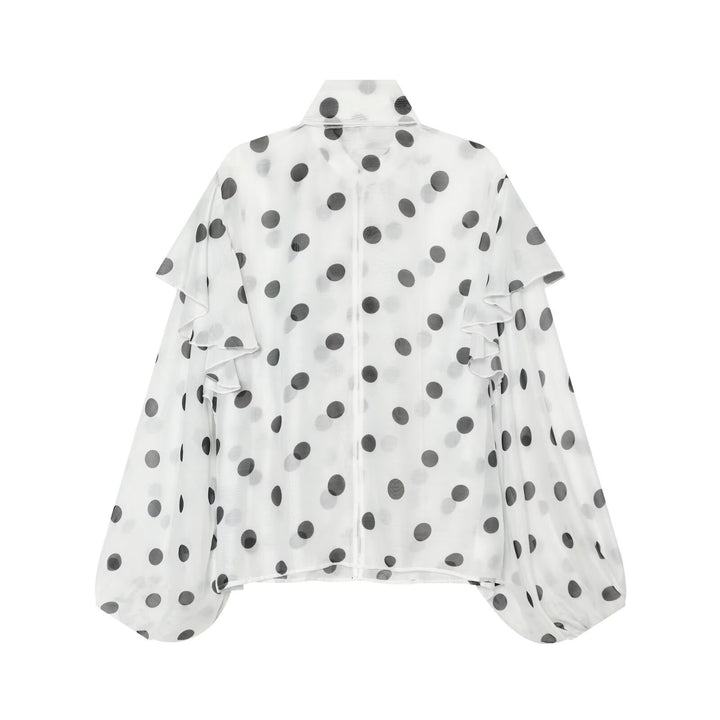 Women's Lightweight Chiffon Blouse with Ruffles, Bow Collar and Polka Dot Print Drune
