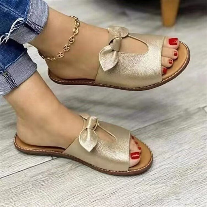 Women's Elegant Faux Leather Slides with Decorative Bow and Soft Comfort Footbed Mune Fashion