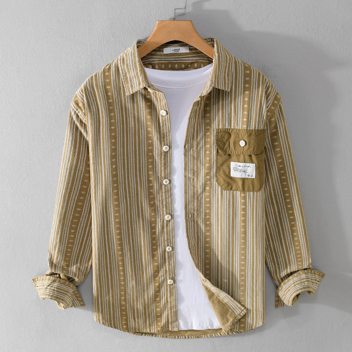 Men's Loose Ethno Stripe Shirt in Cotton Blend with Contrasting Breast Pocket Mune Fashion