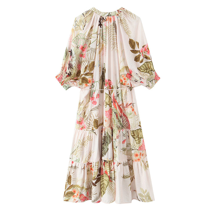 Women Long Boho Maxi Dress with Button Placket, Tie Belt and Tiered Skirt Mune Fashion