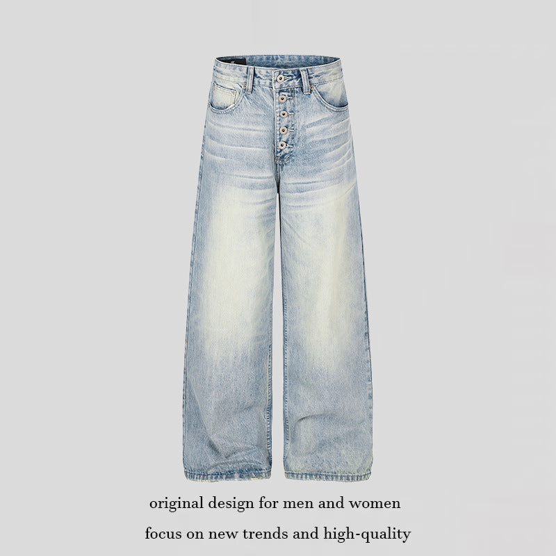 Women's High-Waist Wide Denim Palazzo Jeans with Button Fly and Used Wash Mune Fashion