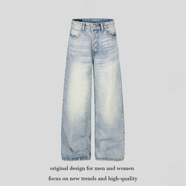 Women's High-Waist Wide Denim Palazzo Jeans with Button Fly and Used Wash Mune Fashion