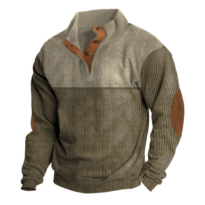 Men's structured rugby sweater with stand-up collar, button placket, and leather elbow patches Mune Fashion
