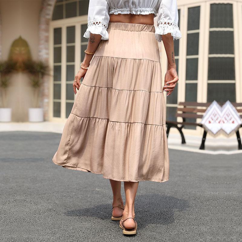 Women's Casual Tiered Skirt with Elastic Waistband, Drawstring and Flowing Midi Length Mune Fashion