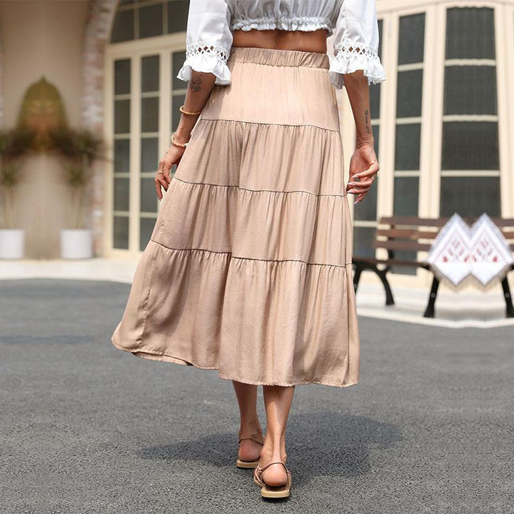 Women's Casual Tiered Skirt with Elastic Waistband, Drawstring and Flowing Midi Length Mune Fashion