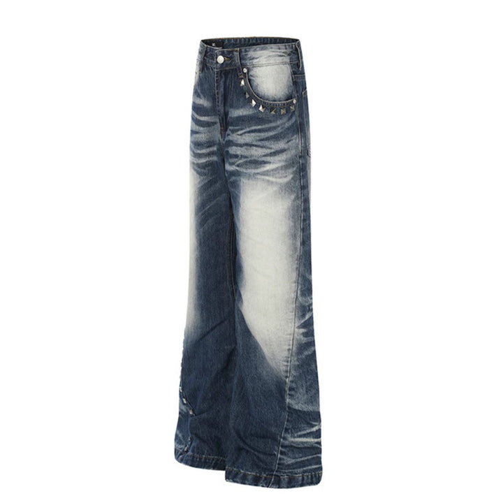 Women High-Waisted Wide Flare Jeans with Used Wash and Studded Trim Mune Fashion