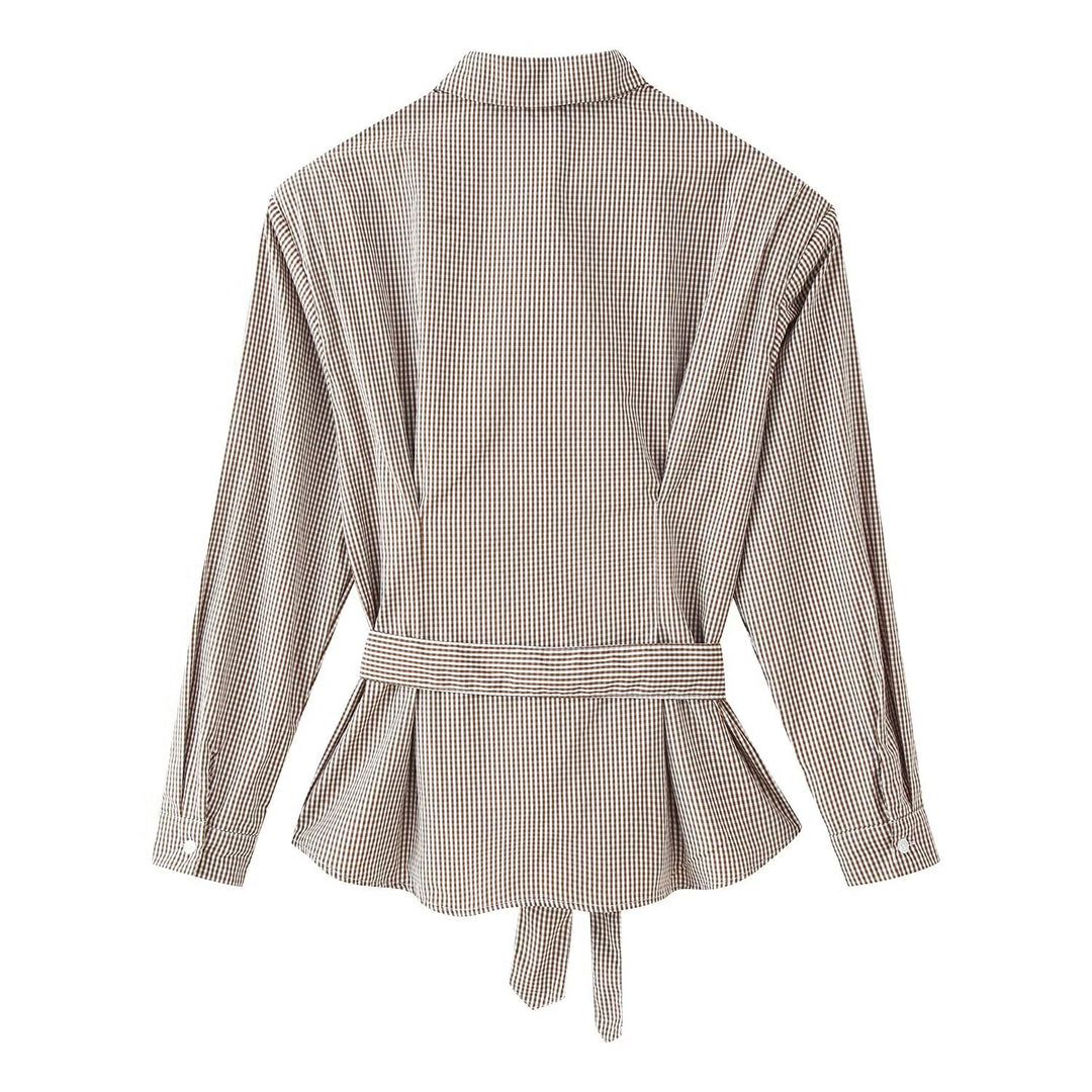 Women Checked Tailored Shirt Blouse with Ties Mune Fashion