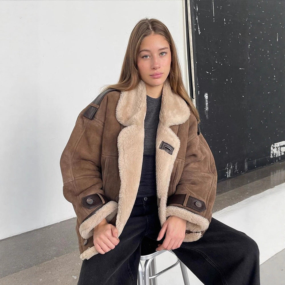Women Oversize Shearling-Faux Flight Jacket with Contrasting Trim & Buckle Details Mune Fashion