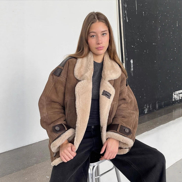 Women Oversize Shearling-Faux Flight Jacket with Contrasting Trim & Buckle Details Mune Fashion
