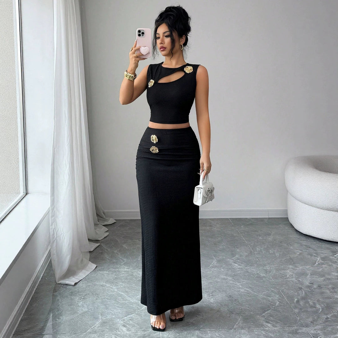 Women's two-piece tailored set with asymmetrical cut-out crop top and figure-hugging maxi pencil skirt Mune Fashion