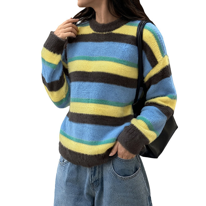 Women's Casual Knitted Sweater with Colorful Striped Pattern Mune Fashion