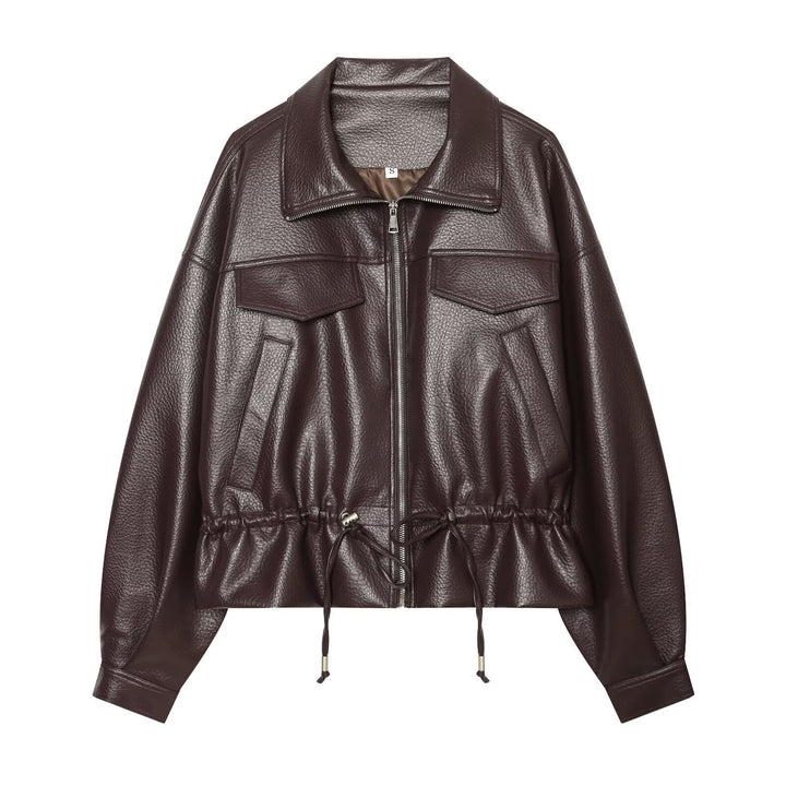 Ladies short jacket made of embossed artificial leather with drawstring waist and flap pockets Drune
