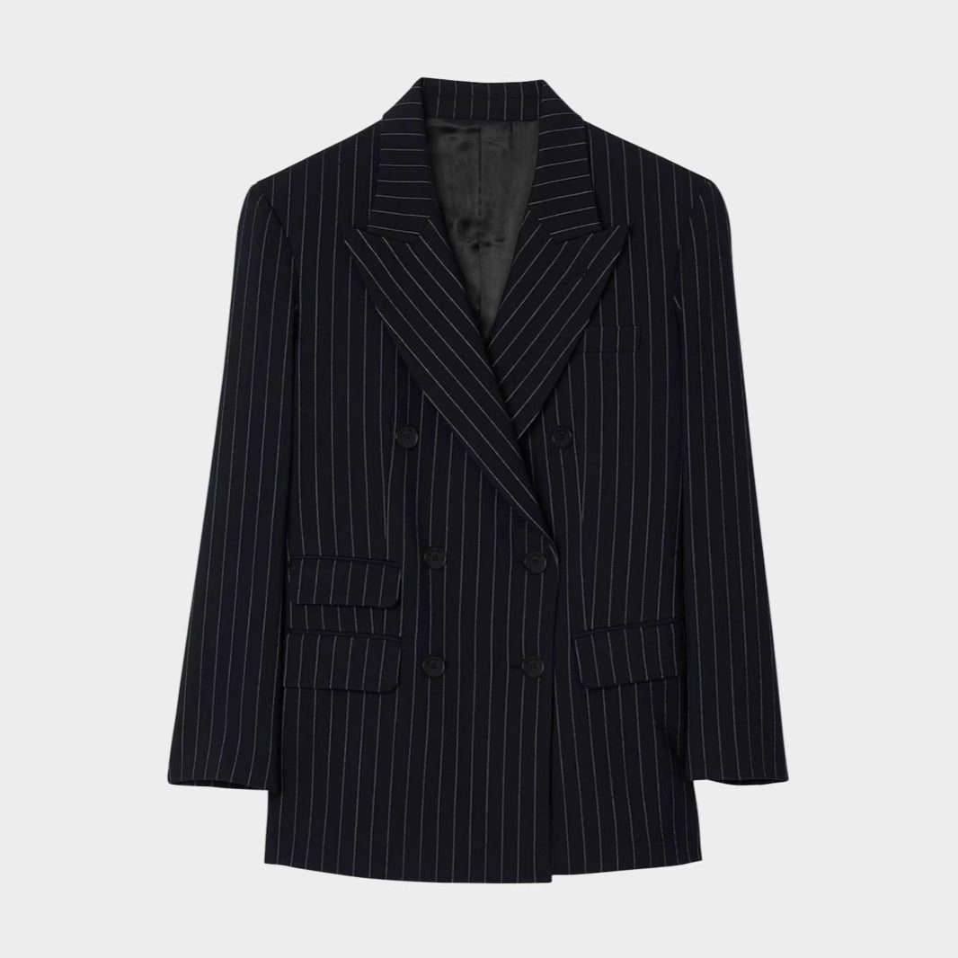 Women Double-Breasted Pinstripe Suit with Oversized Blazer and Wide Pleated Pants Mune Fashion