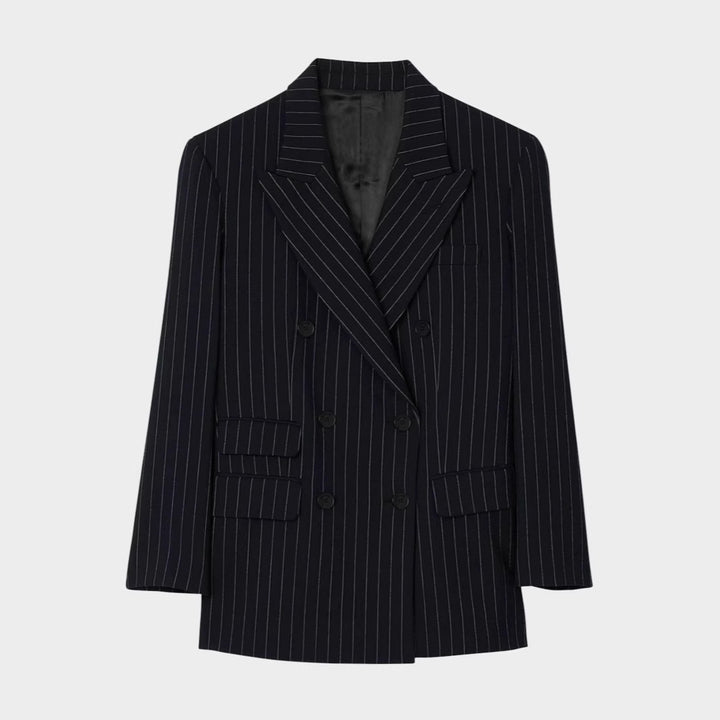 Women Double-Breasted Pinstripe Suit with Oversized Blazer and Wide Pleated Pants Mune Fashion