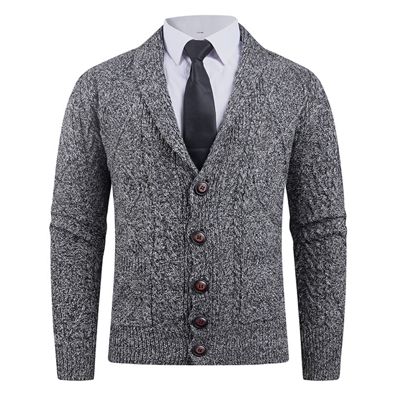 Men's knitted cardigan with shawl collar, cable pattern, patch pockets, and button placket Mune Fashion