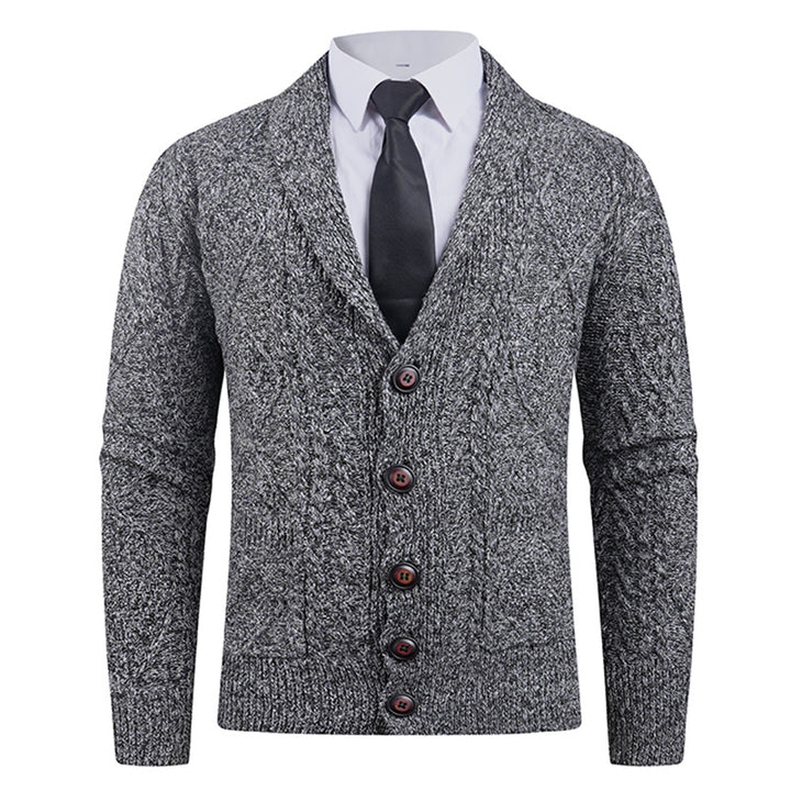 Men's knitted cardigan with shawl collar, cable pattern, patch pockets, and button placket Mune Fashion