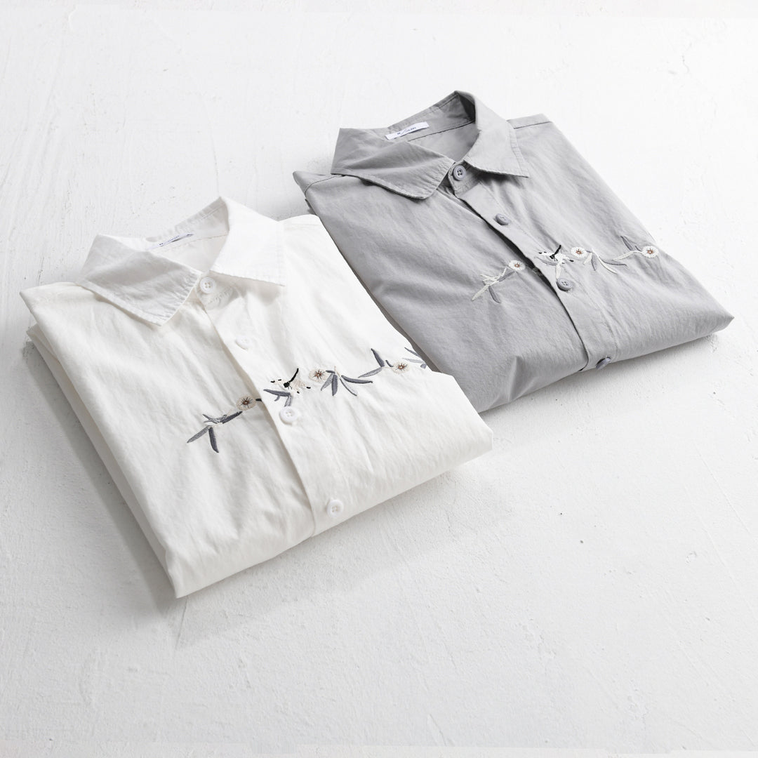 Women's loose embroidered cotton overshirt with kent collar and layering detail Mune Fashion