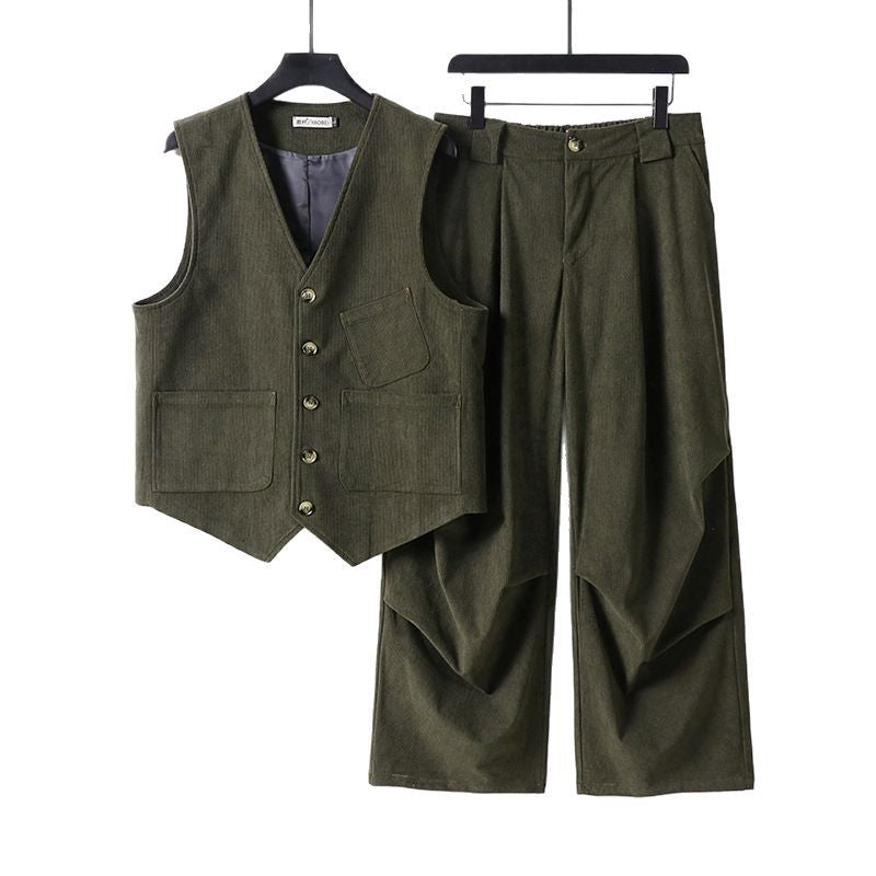 Men's Two-Piece Vest and Pleated Trousers Set in Modern Workwear Style Mune Fashion