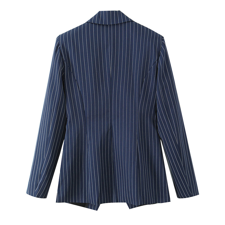 Women tailored pinstripe blazer with asymmetric lapel and flap pockets Mune Fashion