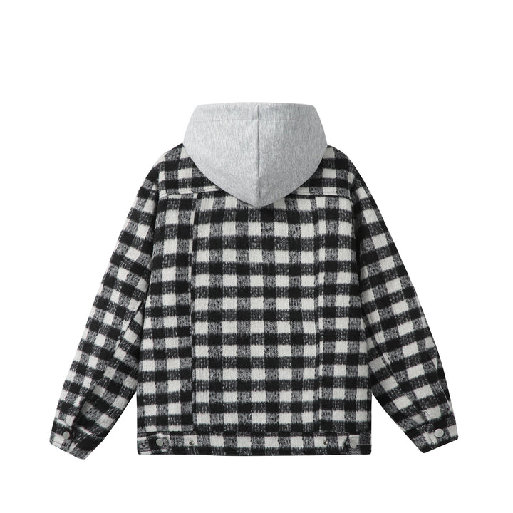 Women's short jacket in shacket style with checked wool look and integrated sweat hood Mune Fashion