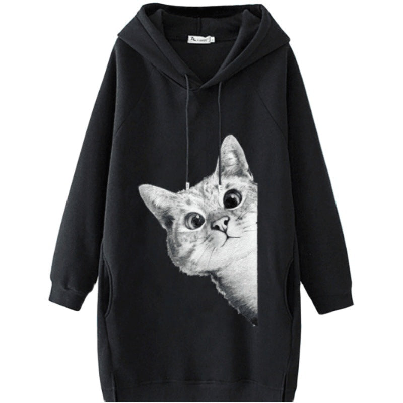 Women's Oversize Hooded Dress with Large Cat Design and Side Pockets Mune Fashion