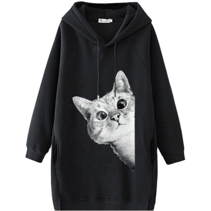 Women's Oversize Hooded Dress with Large Cat Design and Side Pockets Mune Fashion
