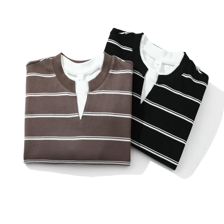 Unisex Striped Long Sleeve Sweatshirt with V-Notch and Waffle Texture Mune Fashion