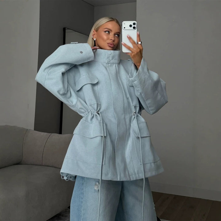Women's Oversized Utility Jacket with Drawstring Waist, High Stand Collar, and Flap Pockets