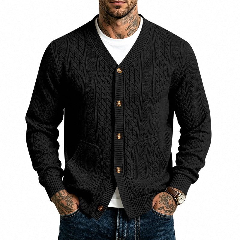 Men's Structured Knit Cardigan with V-Neck and Cable Pattern Mune Fashion