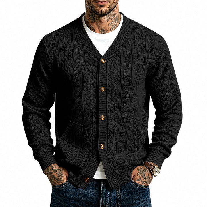 Men's Structured Knit Cardigan with V-Neck and Cable Pattern Mune Fashion