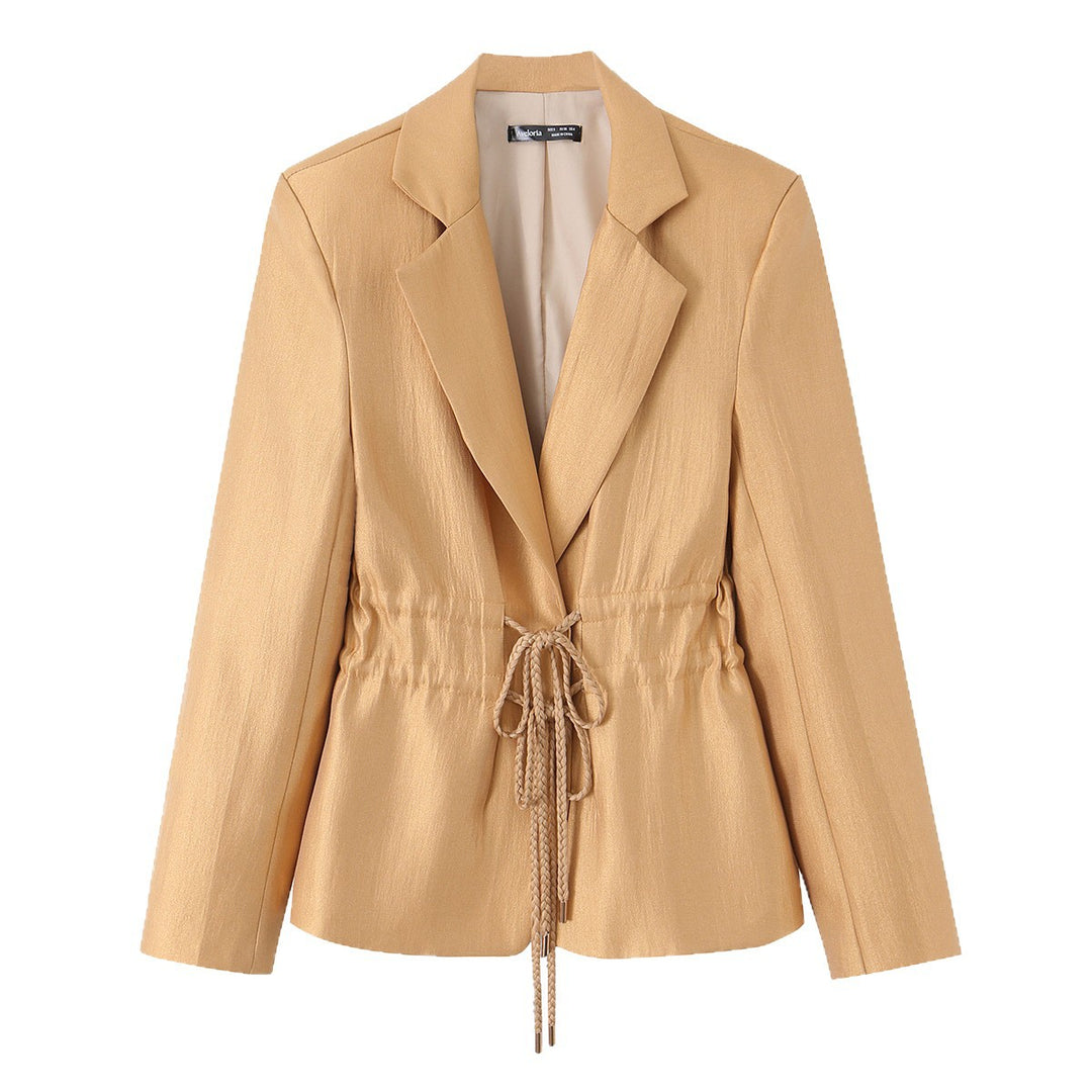 Women's Tailored Satin Blazer with Drawstring and Lapel Collar Mune Fashion