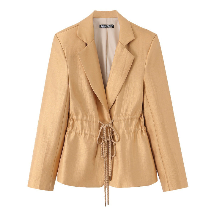Women's Tailored Satin Blazer with Drawstring and Lapel Collar Mune Fashion