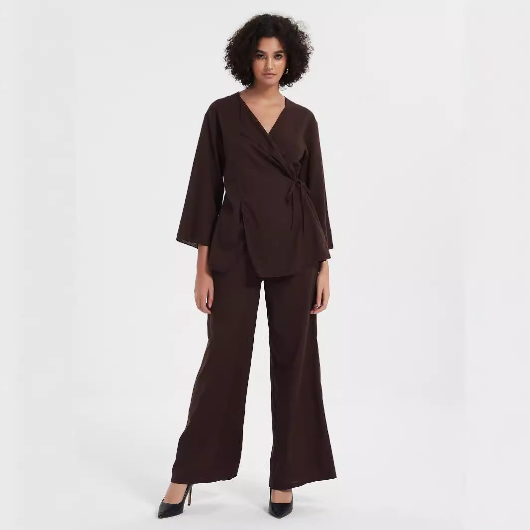 Women's two-piece wrap set made of flowing viscose blend with wide palazzo pants leg Mune Fashion