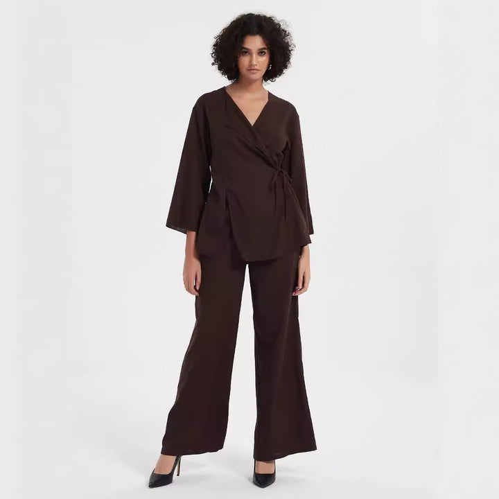 Women's two-piece wrap set made of flowing viscose blend with wide palazzo pants leg Mune Fashion