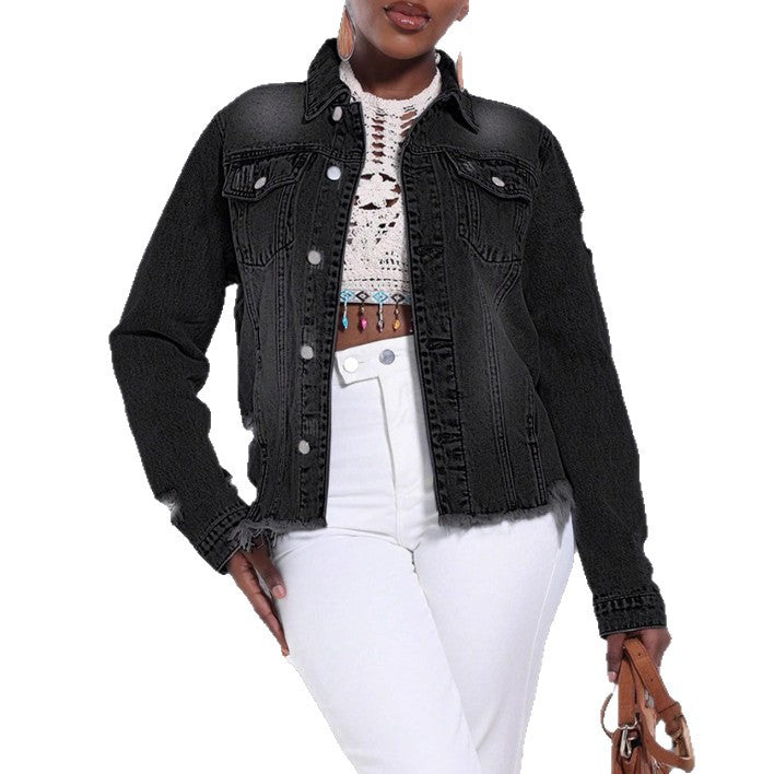Women's Distressed Denim Jacket with Frayed Hem and Relaxed Fit Mune Fashion