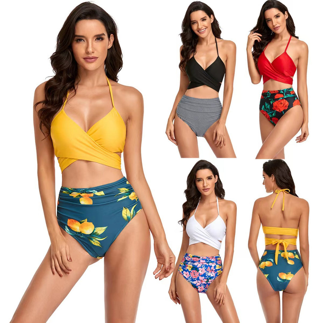 Women's High-Cut Bikini with Wrap Top and Floral Patterns Mune Fashion
