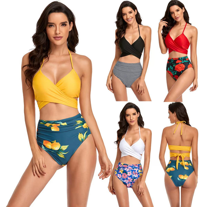 Women's High-Cut Bikini with Wrap Top and Floral Patterns Mune Fashion