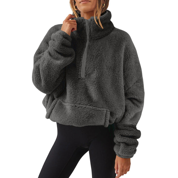 Women’s Oversize Half-Zip Teddy Fleece Pullover with Kangaroo Pocket and High Stand Collar Mune Fashion