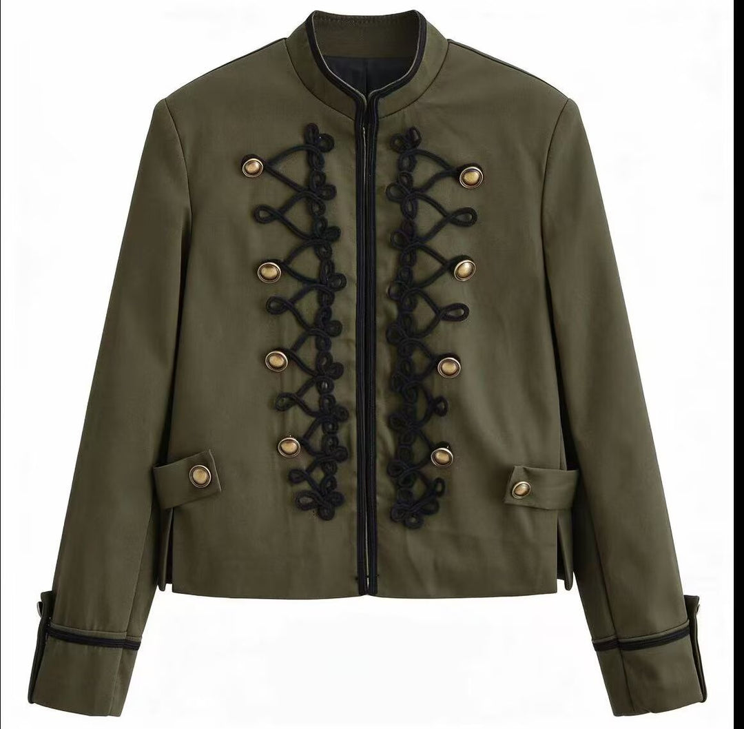 Women Military-Inspired Short Jacket with Stand Collar, Decorative Cords and Gold Buttons Mune Fashion
