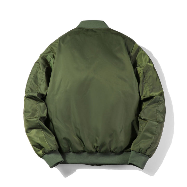 Men's bomber jacket in pilot look with contrasting inner lining, sleeve utility pocket, and elastic rib cuffs.