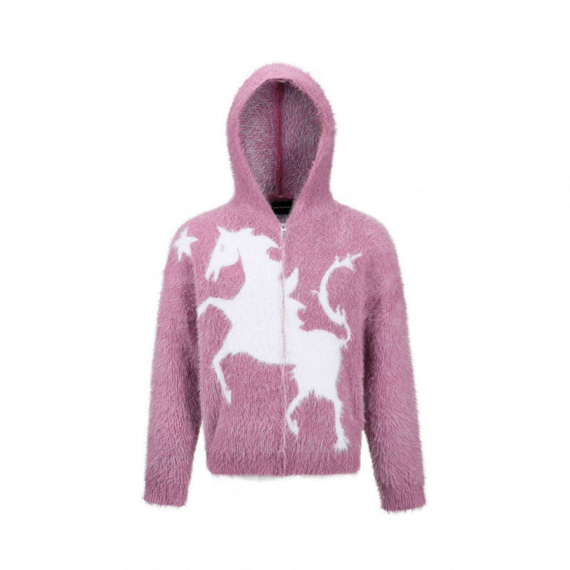Unisex Fluffy Hoodie with Unicorn Motif and Continuous Zipper Mune Fashion