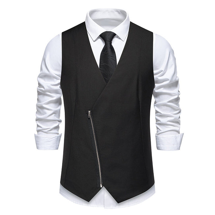 Men's Tailored Vest with Asymmetric Zipper and V-Neck Mune Fashion