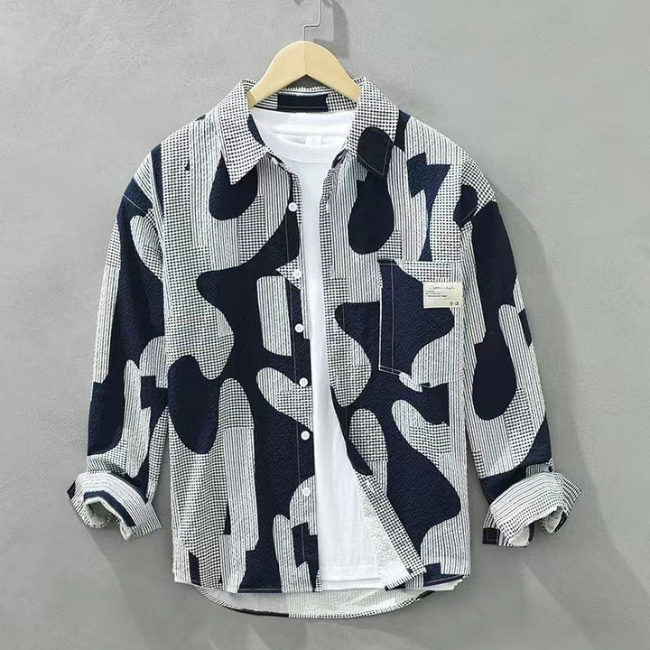 Men's Oversize Shirt with Abstract Camouflage Print and Chest Pocket Mune Fashion