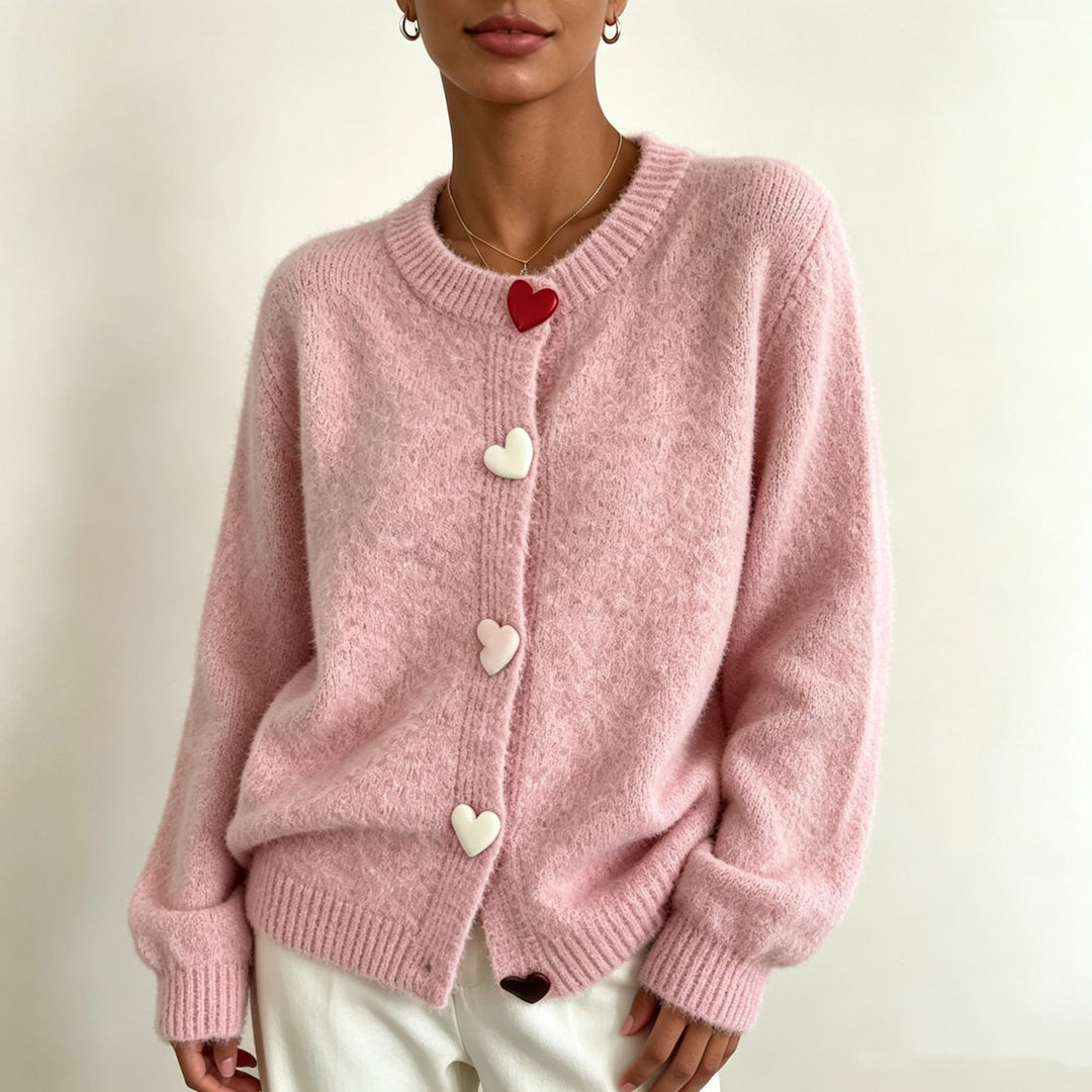Women Fluffy Short Cardigan with Heart Button Placket and Raglan Sleeves Mune Fashion