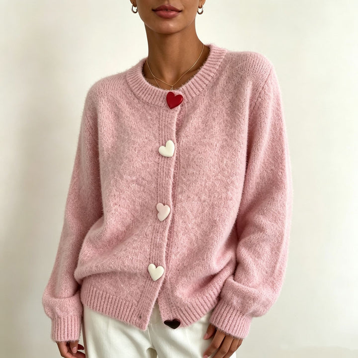 Women Fluffy Short Cardigan with Heart Button Placket and Raglan Sleeves Mune Fashion